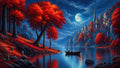 GRID THUMBNAIL — Moonlit lake bordered by vivid red trees, distant cliffside city of spires, blue mountains and a small rowboat with two figures.