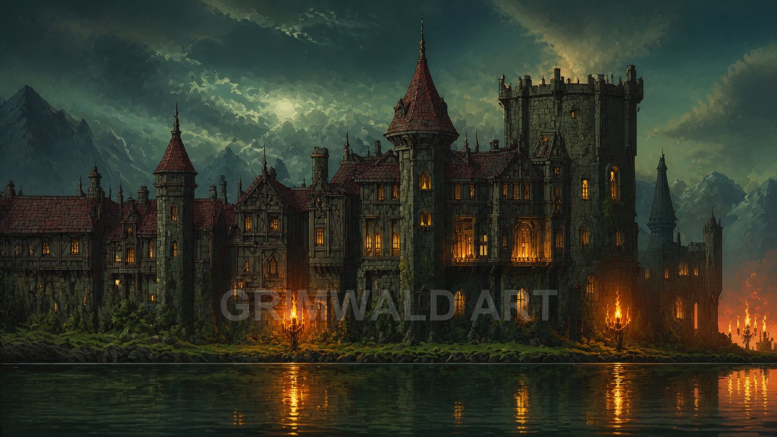 A vast gothic castle lines a lakeshore, torchlit windows glowing under a moody moonlit sky, with distant mountains and shimmering reflections on the water.