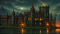 GRID THUMBNAIL — A vast gothic castle lines a lakeshore, torchlit windows glowing under a moody moonlit sky, with distant mountains and shimmering reflections on the water.