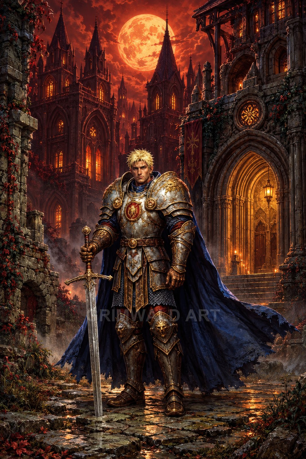 Armoured knight with blue cloak stands on wet cobbles, holding a sword before a glowing Gothic cathedral under a huge orange moon and lantern light.