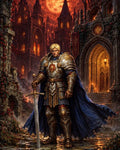 GRID THUMBNAIL — Armoured knight with blue cloak stands on wet cobbles, holding a sword before a glowing Gothic cathedral under a huge orange moon and lantern light.