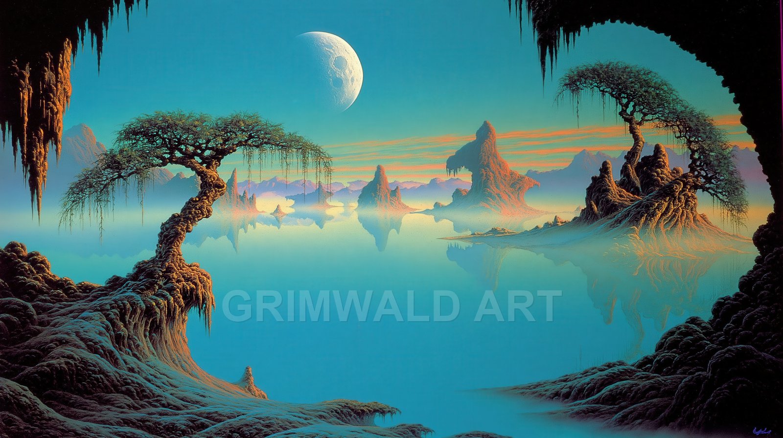 Teal twilight lake framed by cave stalactites, twisted trees on rocky roots, misty spires and distant mountains beneath a large, cratered moon.