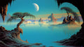 GRID THUMBNAIL — Teal twilight lake framed by cave stalactites, twisted trees on rocky roots, misty spires and distant mountains beneath a large, cratered moon.