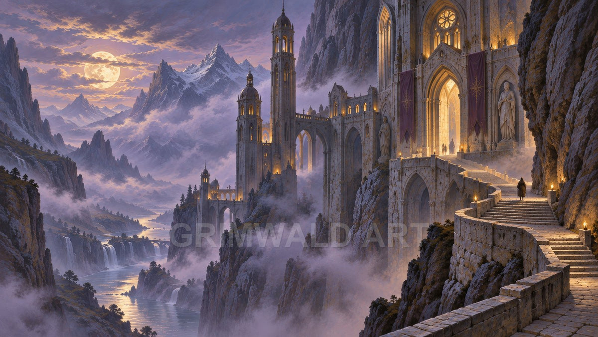 Grand moonlit castle built into mountain cliffs above a misty river valley with waterfalls, glowing arches, and winding torchlit steps.