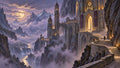 GRID THUMBNAIL — Grand moonlit castle built into mountain cliffs above a misty river valley with waterfalls, glowing arches, and winding torchlit steps.