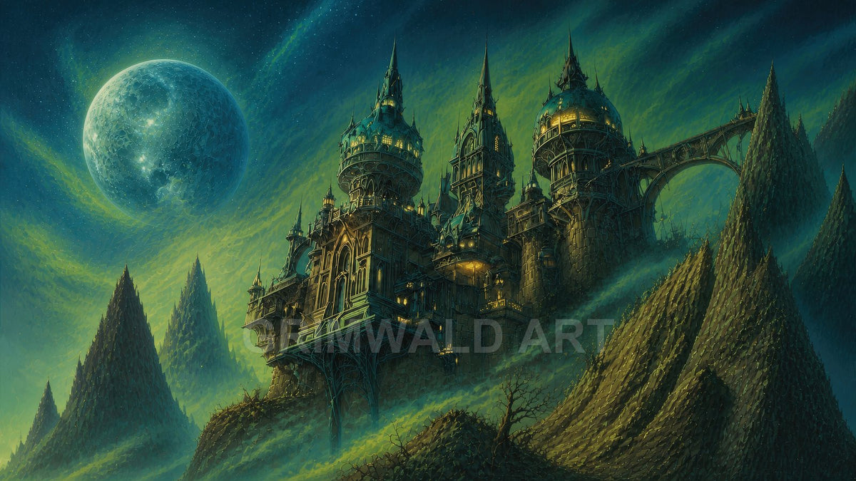 Elaborate domed castle perched on jagged mountains beneath a huge moon, bathed in green-blue night mist and glowing lantern light.