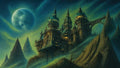 GRID THUMBNAIL — Elaborate domed castle perched on jagged mountains beneath a huge moon, bathed in green-blue night mist and glowing lantern light.