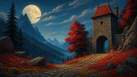 GRID THUMBNAIL — Moonlit mountain valley with a full moon above a stone gatehouse, red autumn trees, conifer forest, and a winding cobblestone path.