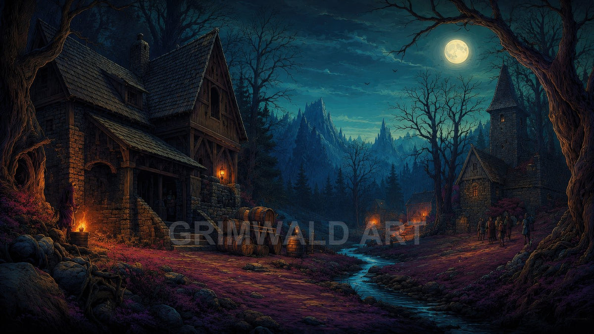 Moonlit medieval village with timbered houses, lanterns, and a stream winding through purple undergrowth, framed by bare trees and misty mountains.
