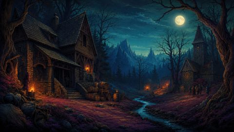 GRID THUMBNAIL — Moonlit medieval village with timbered houses, lanterns, and a stream winding through purple undergrowth, framed by bare trees and misty mountains.