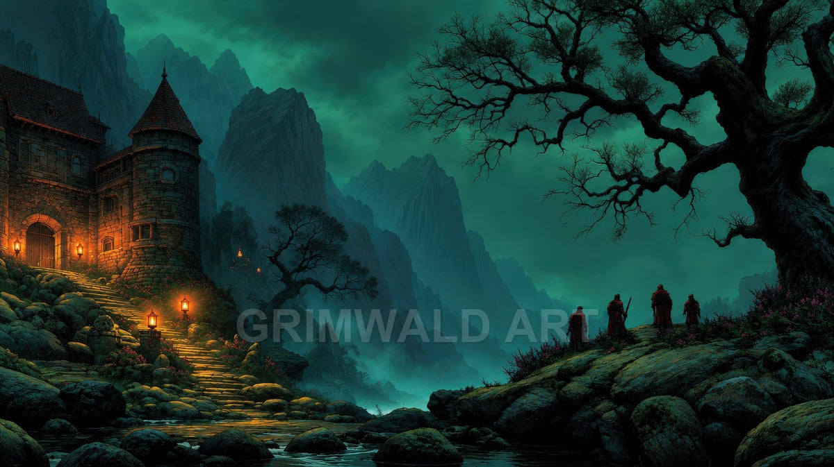 A lantern-lit stone stairway leads to a fortified mountain castle under a moonlit sky, with a gnarled tree and distant robed figures by a stream.