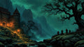 GRID THUMBNAIL — A lantern-lit stone stairway leads to a fortified mountain castle under a moonlit sky, with a gnarled tree and distant robed figures by a stream.