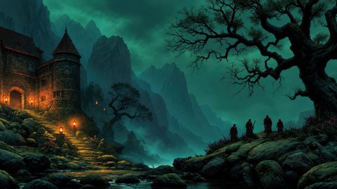 GRID THUMBNAIL — A lantern-lit stone stairway leads to a fortified mountain castle under a moonlit sky, with a gnarled tree and distant robed figures by a stream.