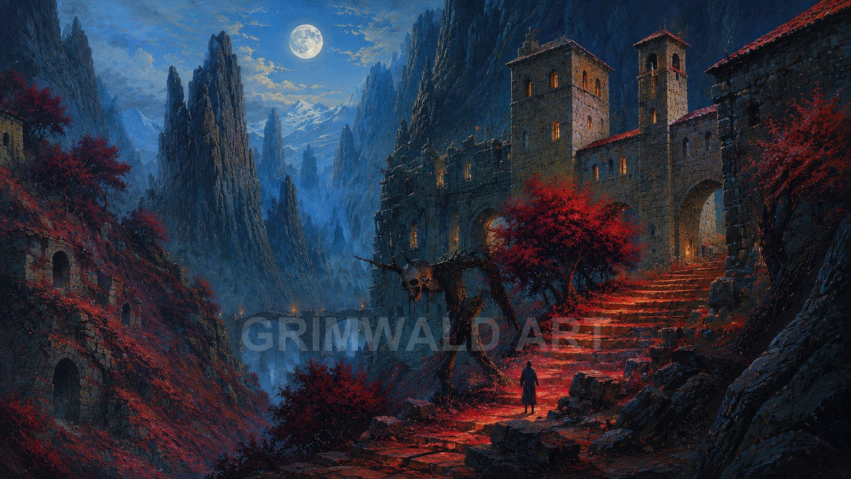Moonlit medieval castle amid jagged blue mountains, red-leaved trees and stone steps, a lone figure approaching a skull-topped effigy beneath warmly glowing windows.
