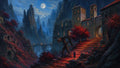 GRID THUMBNAIL — Moonlit medieval castle amid jagged blue mountains, red-leaved trees and stone steps, a lone figure approaching a skull-topped effigy beneath warmly glowing windows.