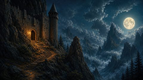 GRID THUMBNAIL — Torchlit stone castle and steep stairway cling to a rocky mountainside under a bright full moon, amid jagged misty peaks and dark pines.
