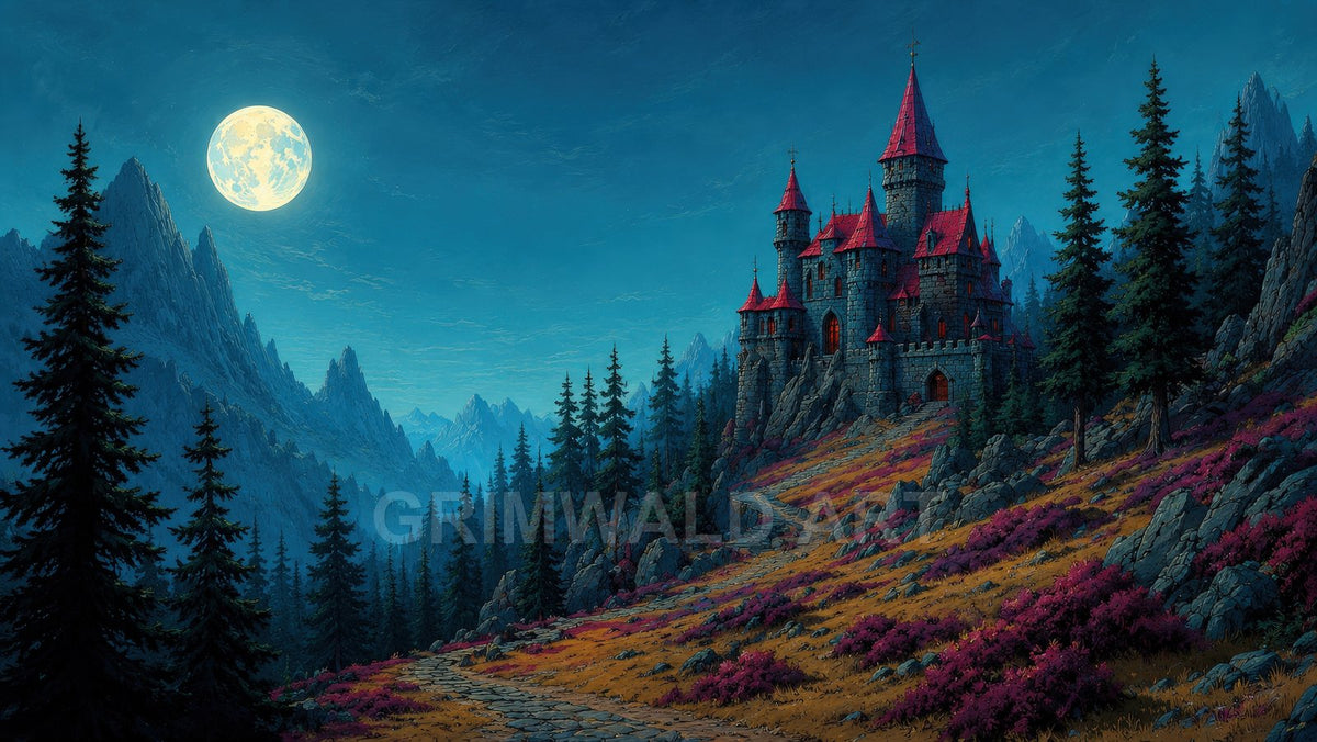 A stone castle with red roofs stands on a rocky hillside under a bright full moon, amid pine forests and jagged mountains at night.