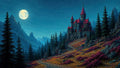 GRID THUMBNAIL — A stone castle with red roofs stands on a rocky hillside under a bright full moon, amid pine forests and jagged mountains at night.