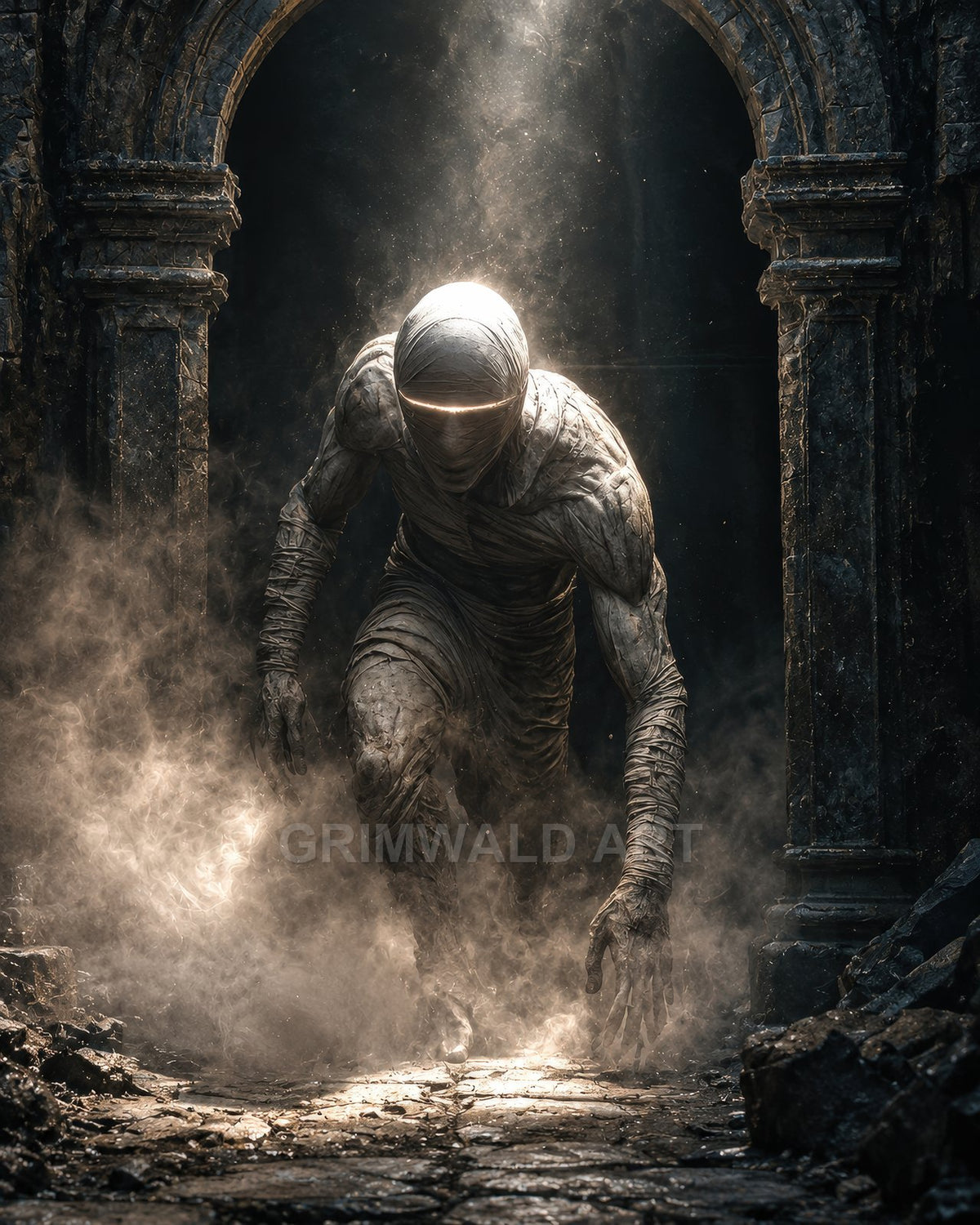 Bandage-wrapped undead crawls from a crumbling stone archway in a dusty crypt, a narrow glowing eye-slit shining under a cold moonlit shaft.