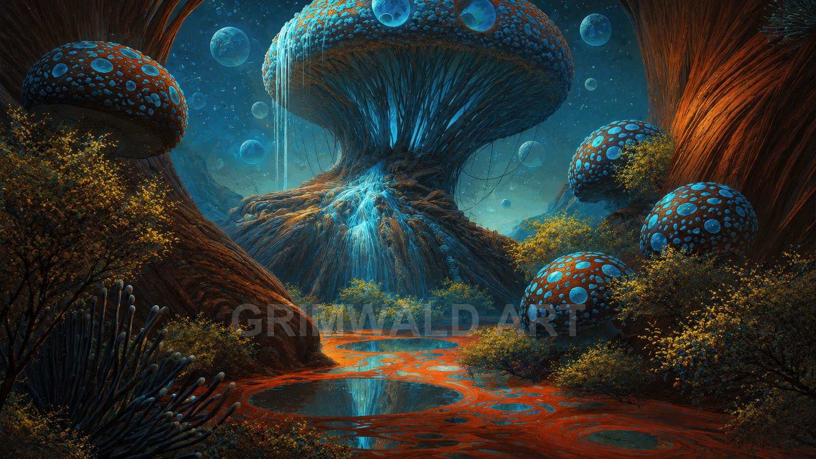 Vast alien landscape with giant bioluminescent mushrooms, cascading blue falls, floating orbs, and reflective pools under a deep night sky.