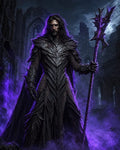 GRID THUMBNAIL — Armoured male necromancer stands in moonlit cathedral ruins, gripping a spiked staff as violet magic swirls around him amid drifting mist.