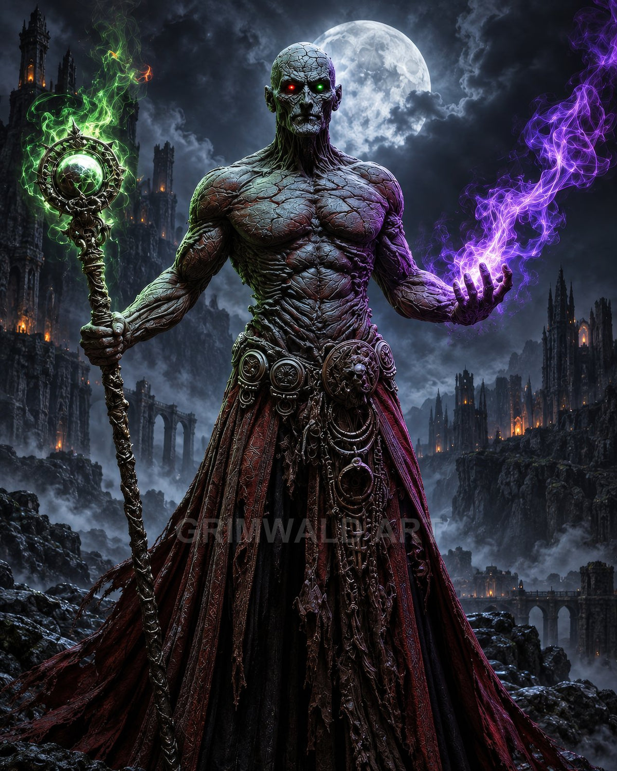 Undead sorcerer with bicoloured glowing eyes wields a staff and purple flame before moonlit gothic ruins, misty bridges and looming spires.