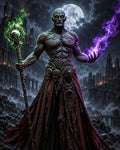 GRID THUMBNAIL — Undead sorcerer with bicoloured glowing eyes wields a staff and purple flame before moonlit gothic ruins, misty bridges and looming spires.