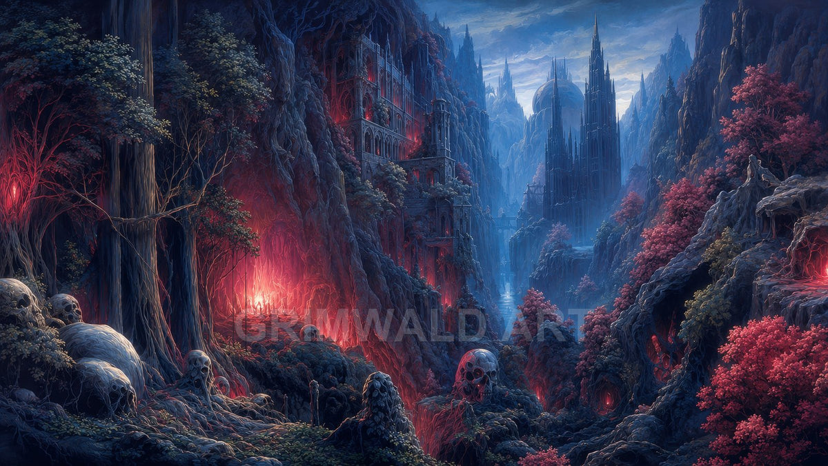 Dark gothic city of spires in a moonlit valley with red-glowing caves, twisted trees and giant skulls amid overgrown ruins.