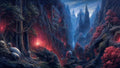 GRID THUMBNAIL — Dark gothic city of spires in a moonlit valley with red-glowing caves, twisted trees and giant skulls amid overgrown ruins.