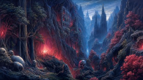 GRID THUMBNAIL — Dark gothic city of spires in a moonlit valley with red-glowing caves, twisted trees and giant skulls amid overgrown ruins.