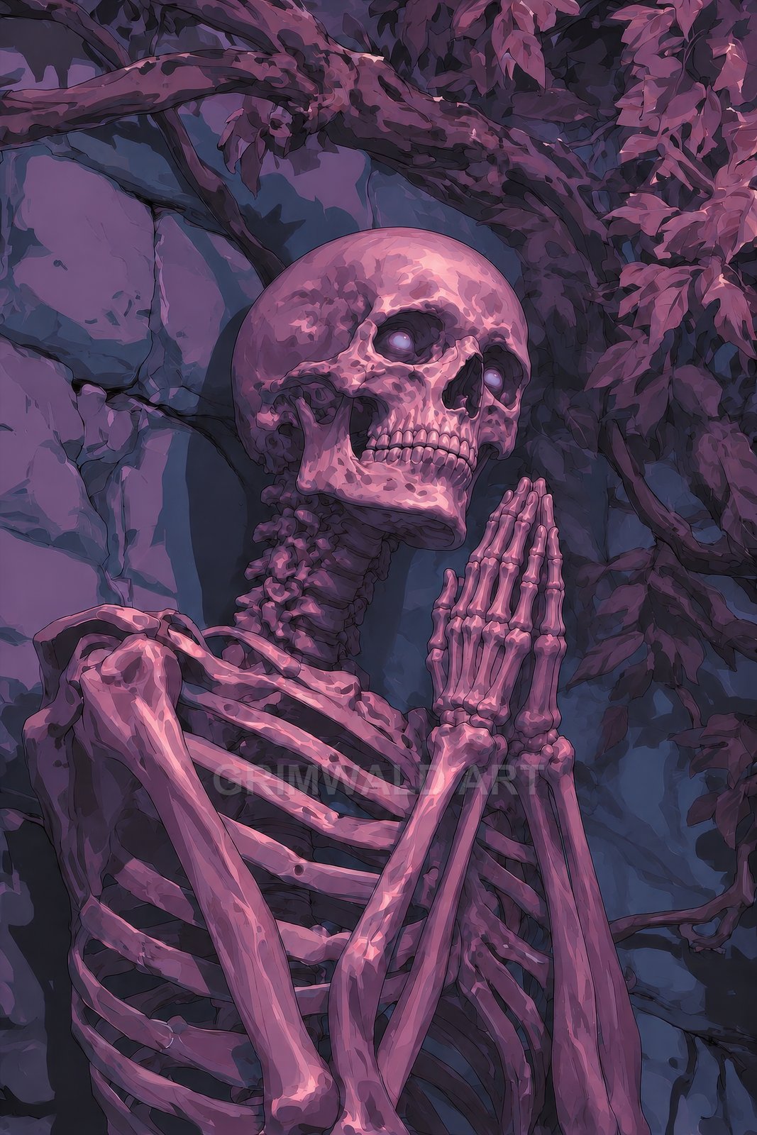 A moonlit skeleton with hands clasped in prayer stands against cracked stone amid dark leaves, rendered in purple and blue tones.