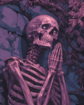 GRID THUMBNAIL — A moonlit skeleton with hands clasped in prayer stands against cracked stone amid dark leaves, rendered in purple and blue tones.