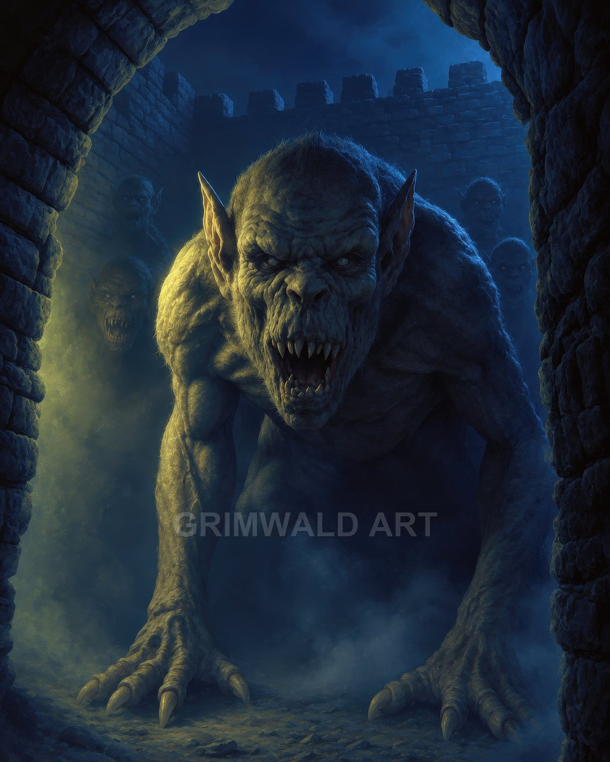 A hulking demon with pointed ears, fangs, and long claws crawls through a stone archway, mist swirling beneath moonlit castle battlements.