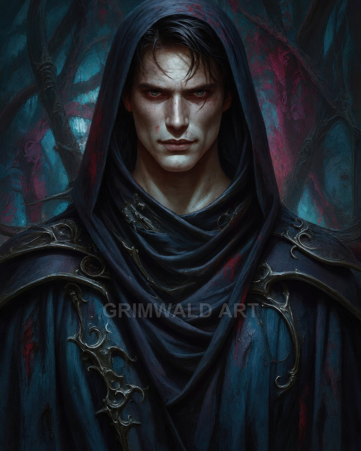 Portrait of a pale, hooded vampire with red eyes and ornate dark robes, before twisted moonlit forest branches in deep blue tones.