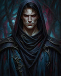 GRID THUMBNAIL — Portrait of a pale, hooded vampire with red eyes and ornate dark robes, before twisted moonlit forest branches in deep blue tones.