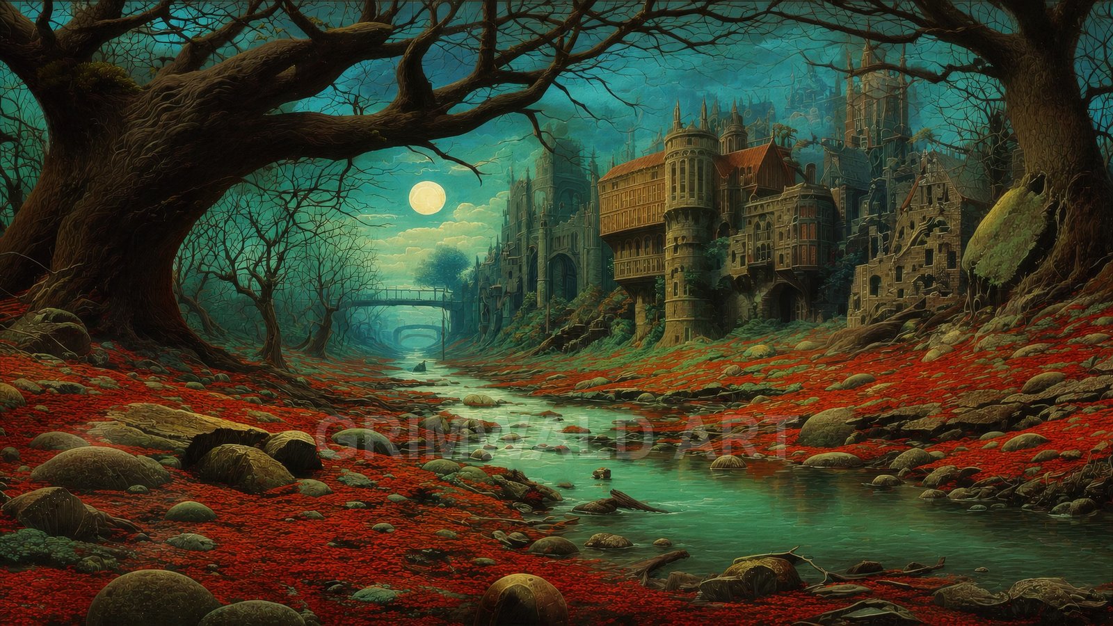 A moonlit river winds through a crimson leaf-strewn valley toward a towering gothic city, framed by gnarled trees and distant bridges.