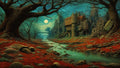 GRID THUMBNAIL — A moonlit river winds through a crimson leaf-strewn valley toward a towering gothic city, framed by gnarled trees and distant bridges.