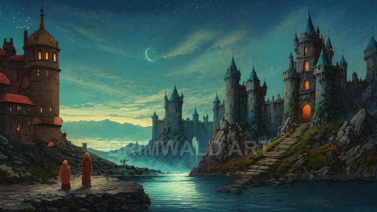 Vast twilight scene of a riverside castle with glowing windows, steep stone steps, turquoise sky, crescent moon, and two small robed figures.