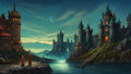 GRID THUMBNAIL — Vast twilight scene of a riverside castle with glowing windows, steep stone steps, turquoise sky, crescent moon, and two small robed figures.