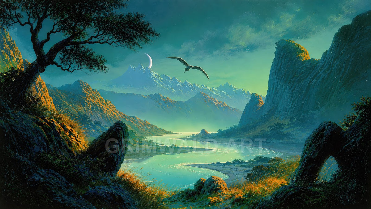 A moonlit fantasy valley with a winding river, jagged mountains, and a lone bird-like creature gliding beneath a crescent moon.
