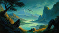 GRID THUMBNAIL — A moonlit fantasy valley with a winding river, jagged mountains, and a lone bird-like creature gliding beneath a crescent moon.
