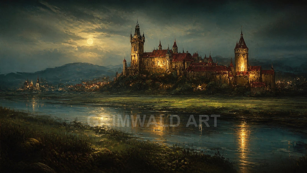 A grand illuminated castle with red roofs overlooks a reflective riverside under a full moon, with distant hills and village lights at night.