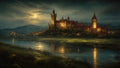 GRID THUMBNAIL — A grand illuminated castle with red roofs overlooks a reflective riverside under a full moon, with distant hills and village lights at night.