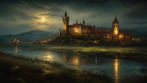 GRID THUMBNAIL — A grand illuminated castle with red roofs overlooks a reflective riverside under a full moon, with distant hills and village lights at night.
