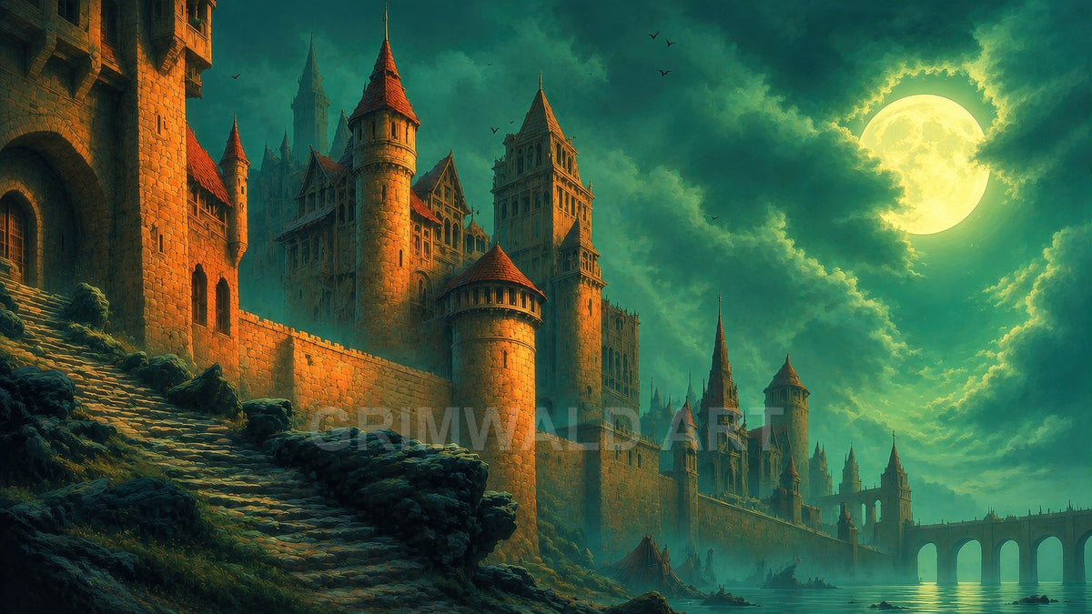 Vast stone castle with red-roofed towers beside a moonlit river, dramatic teal clouds and full moon overhead, arched bridge stretching across water.