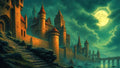 GRID THUMBNAIL — Vast stone castle with red-roofed towers beside a moonlit river, dramatic teal clouds and full moon overhead, arched bridge stretching across water.