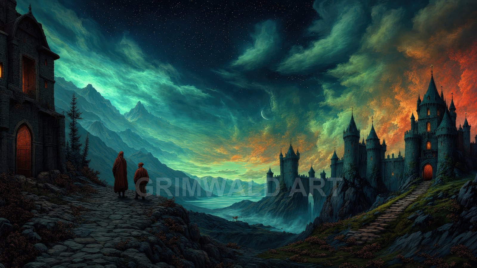 Epic medieval castle on rocky cliffs under a crescent moon and vivid teal-orange sky, seen from a cobbled mountain path with two robed travellers.