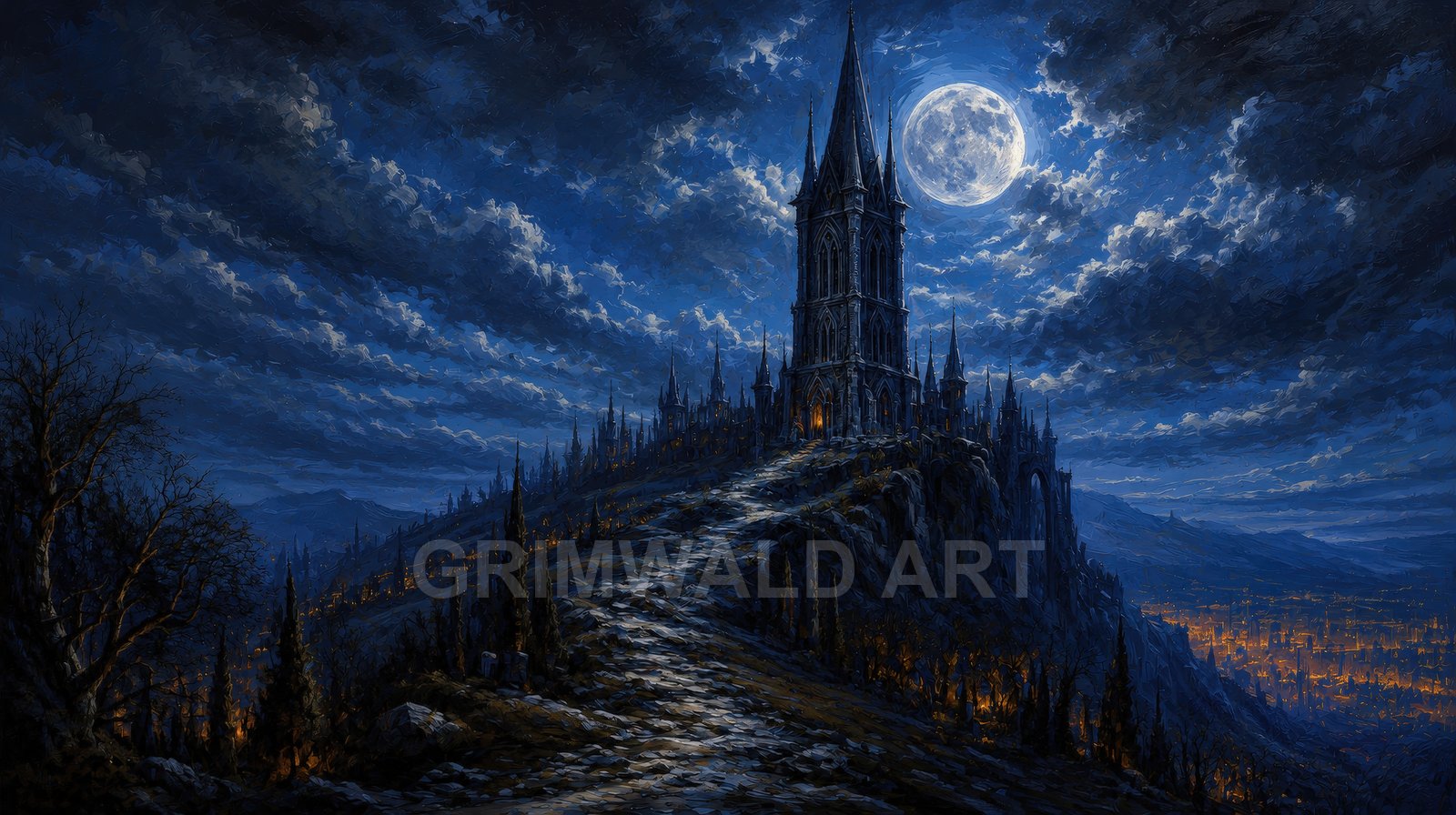 Moonlit Gothic castle atop a rocky hill, reached by a winding path, with dramatic clouds and a glowing city scattered across the valley below.