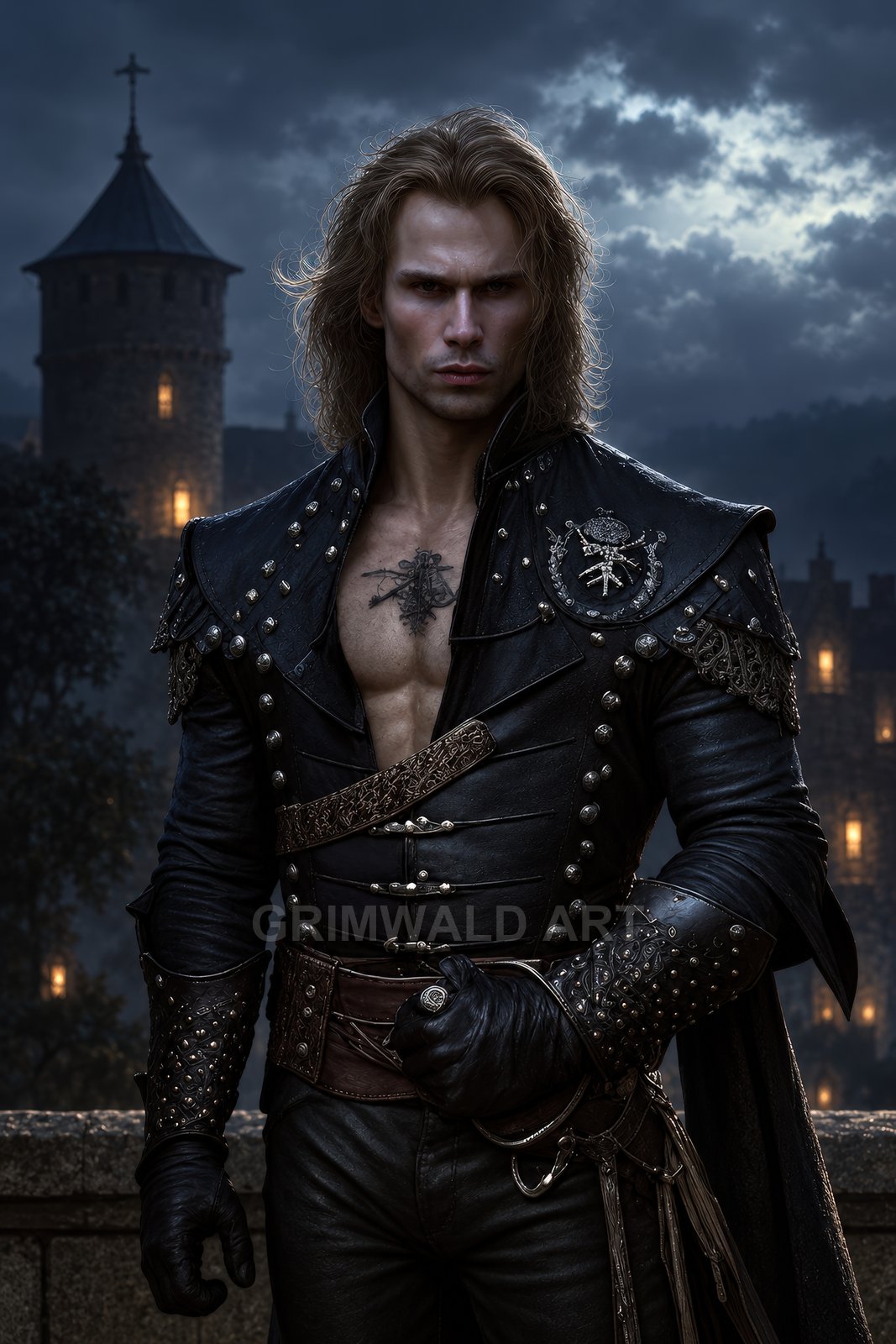 A stern, long-haired male rogue in studded black leather stands before a moonlit castle tower, gloved hand at belt, under brooding clouds.