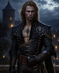 GRID THUMBNAIL — A stern, long-haired male rogue in studded black leather stands before a moonlit castle tower, gloved hand at belt, under brooding clouds.